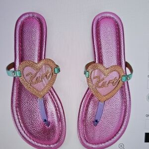 Kurt Geiger Pink Metallic Heart T-Bar Logo Sandals